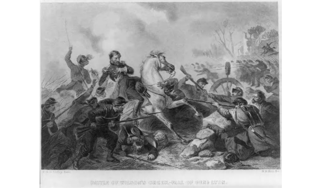 An illustration of General Lyon falling off his horse after getting shot in the Battle of Wilson's Creek. Image courtesy of the Library of Congress.