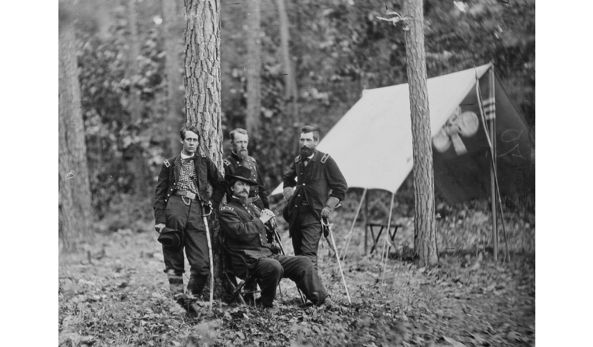 Photograph of Union Generals Winfield S. Hancock, Francis C. Barlow, David B. Birney, and John Gibbon, taken during the Overland Campaign. Courtesy of the National Archives and Records Administration.