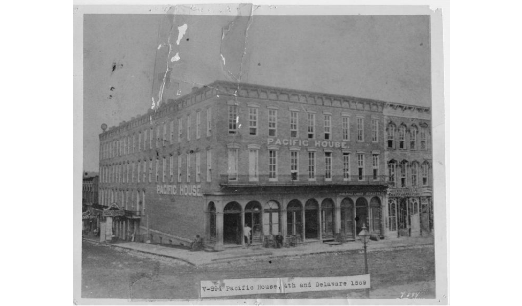 The Pacific House Hotel in Kansas City, Missouri. Image courtesy of the Missouri Valley Special Collections, Kansas City Public Library.