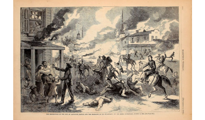 Illustration of Quantrill and his men raiding Lawrence, originally published in Harper's Weekly. Courtesy of the Internet Archive.