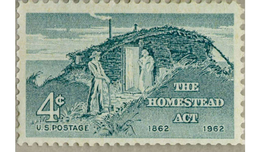 The Homestead Act commemorative stamp. Image courtesy of the Library of Congress.