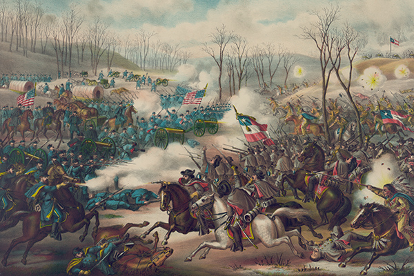 At Pea Ridge, Confederate cavalry and infantry, along with Native American troops, attack Union cannon and infantry. Courtesy of the Library of Congress.