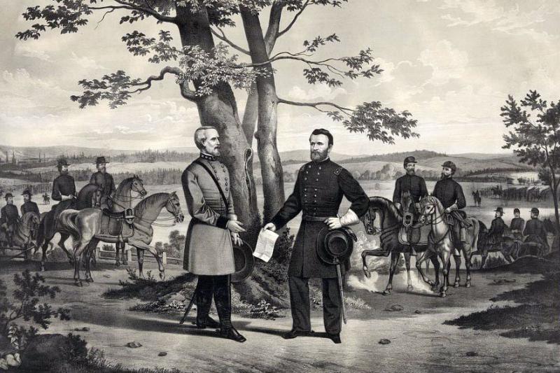 Illustration of General Lee surrendering to General Grant. Courtesy of the Library of Congress.