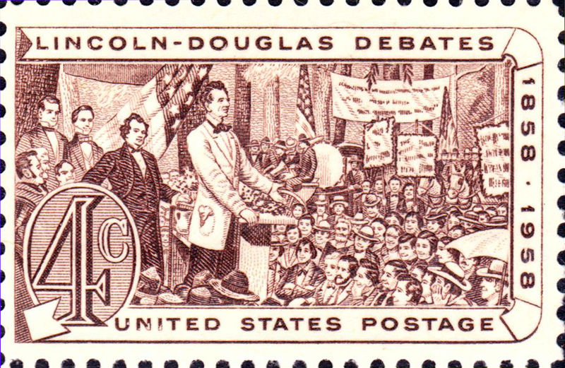 1958 U.S. postage stamp commemorating the Lincoln-Douglas debates of 1858. Courtesy of the U.S. Government, Post Office Department.