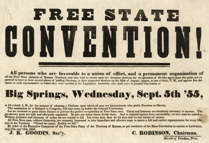 Invitation to the Free State Convention in Big Springs, Kansas. Courtesy of the Kansas Historical Society.