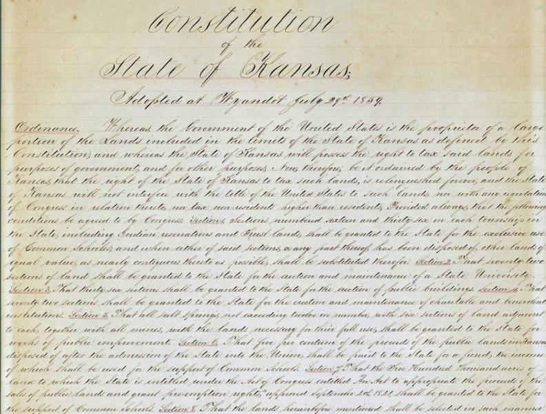 The beginning lines of the Wyandotte Constitution. Courtesy of the Kansas Historical Society. 