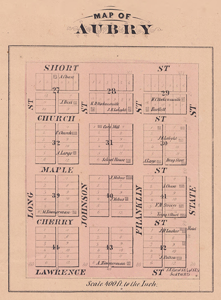 An 1874 plat of Aubry, Kansas. Courtesy of the Johnson County Museum.