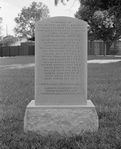 A memorial in the Fort Scott National Cemetery honors members of the 1st Kansas Colored Volunteer Infantry who died in a guerrilla attack on Sherwood, Missouri in 1863. Courtesy of the Library of Congress.