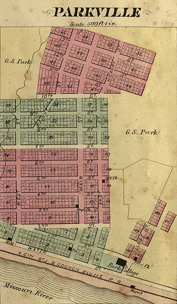 Plat of Parkville in 1877. Courtesy of the State Historical Society of Missouri - Columbia.