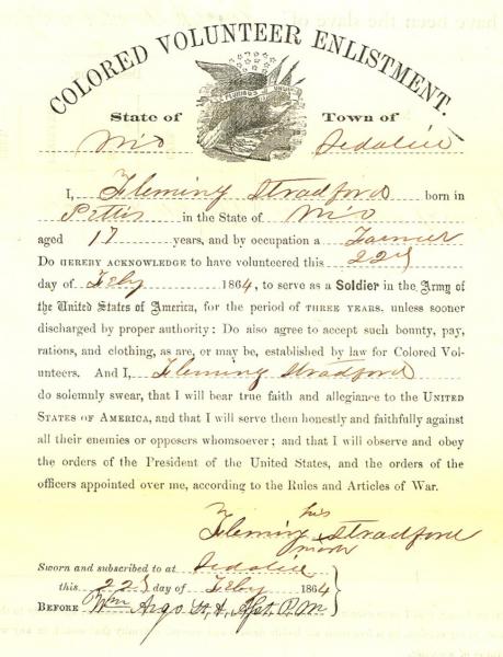Fleming Stradford’s enlistment papers from February 22, 1864. Image courtesy of the National Archives at Kansas City.