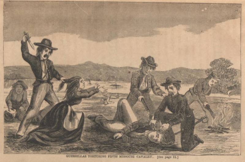 Illustration of guerrillas allegedly torturing members of the 5th Missouri Cavalry. Image courtesy of the St. Joseph Public Library.