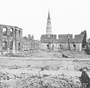 Secession Hall lying in ruins in April 1865, Charleston, South Carolina. Image courtesy of the Library of Congress.