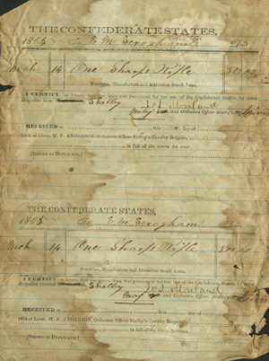 'Order for Sharps Rifle' for General Joseph O. Shelby. Image courtesy of the Bushwhacker Museum, Nevada, Missouri.