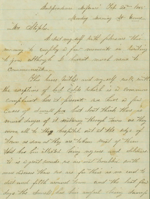 Letter from S. Shelly to Mrs. Staples, detailing conditions in Independence, Missouri.