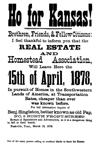 Pap Singleton’s fliers urging African Americans to “Ho for Kansas!” ultimately prompted tens of thousands of individuals and families to leave the South. Image courtesy of the National Park Service.