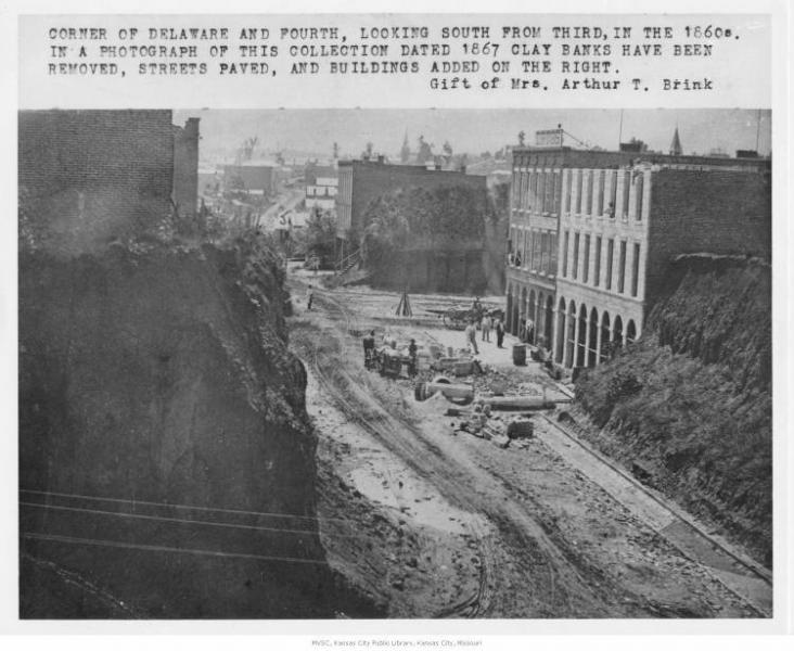 Early Kansas City builders cut streets through the bluffs overlooking the Missouri River. Courtesy of the Missouri Valley Special Collections.