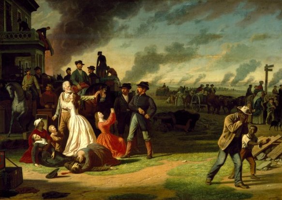 Union officer George Caleb Bingham depicts the Red Legs (shown center) negatively in his painting, Martial Law (or Order No. 11). Courtesy of State Historical Society of Missouri - Columbia.