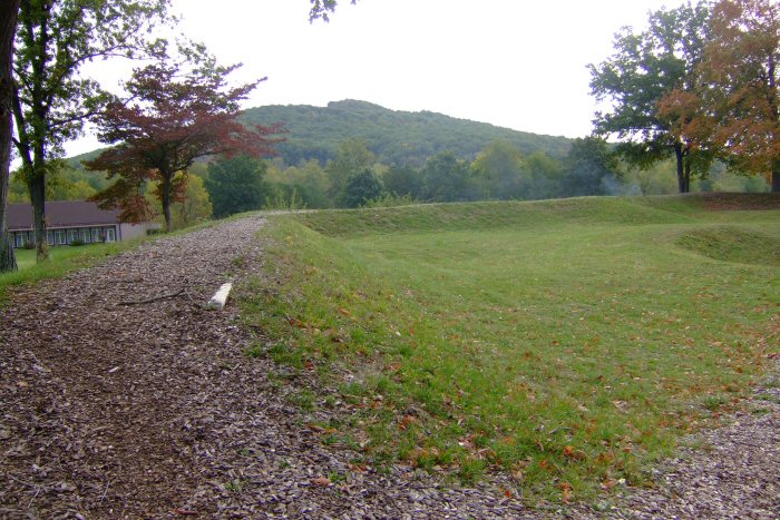 Modern view of Fort Davidson, where Gen. Thomas Ewing battled with Sterling Price and his Army of Missouri. The crater is still visible on the right side of the photograph, and Pilot Knob can be seen in the background. Image courtesy of Valerie Holifield.