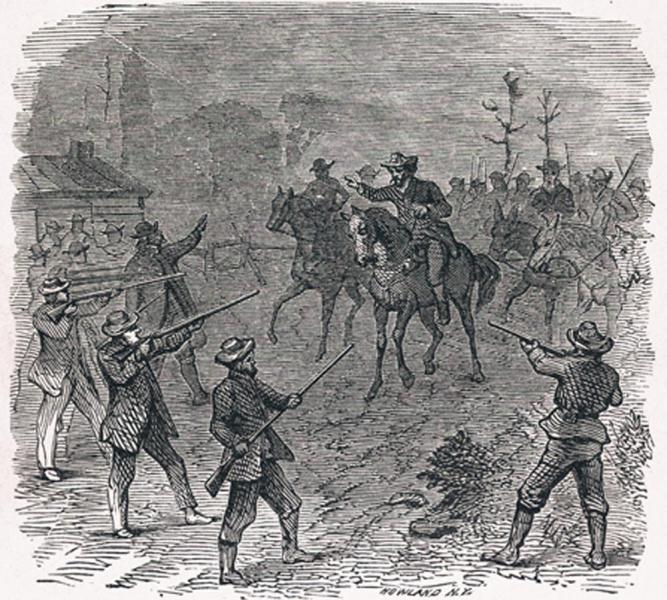 J.N. Holloway's the "Rescue of Branson" portrays a posse of Free-Staters rescuing Jacob Branson after his arrest. The murder of Charles Dow on Branson's land sparked the Wakarusa War. Image courtesy of the Kansas Historical Society.