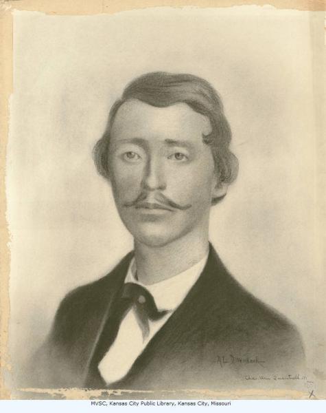 Charcoal drawing of William Clarke Quantrill, by A.L. Dillenbeck. Courtesy of the Missouri Valley Special Collections, Kansas City Public Library.