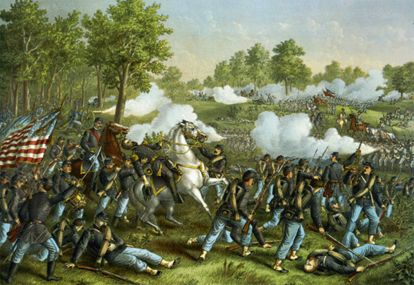A Kurz and Allison painting of the Battle of Wilson's Creek, where Generals Sterling Price and Ben McCulloch led Confederate troops to victory in 1861. Courtesy of the Library of Congress.
