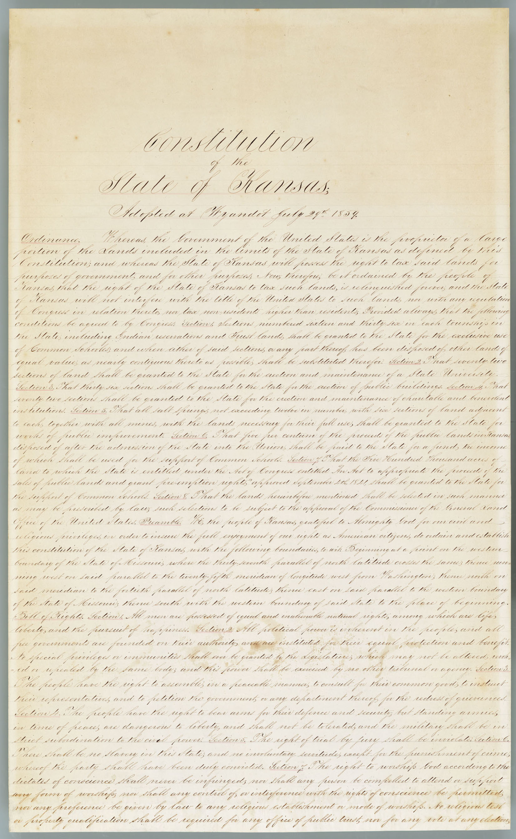 The first page of the Wyandotte Constitution. Image courtesy of the Kansas Historical Society.