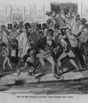 Wood engraving of the Panic of 1857 appearing in the October 31, 1857, issue of Harper's Weekly.
