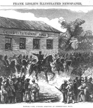 Wood engraving of Col. Sumner dispersing the Topeka Legislature on July 4, 1856. 