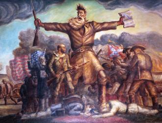 Painting of John Brown holding a bible and gun