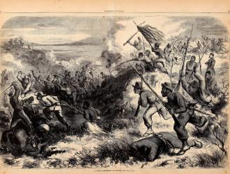Illustration of the Battle of Island Mound, the first Civil War battle to include African-American troops.