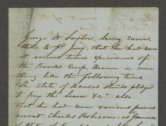 Legal documents filed in the 1857 case of the Territory of Kansas vs. Charles Robinson for the charge of usurpation of office.