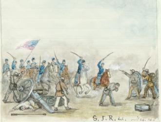 Color illustration of the Battle of Mine Creek